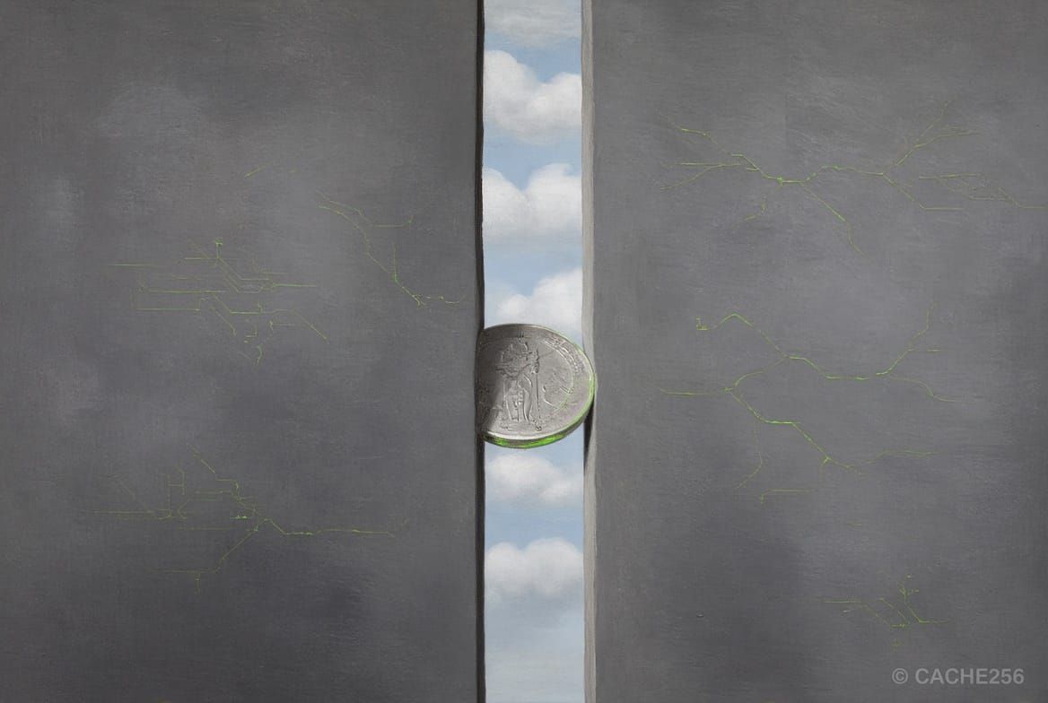 Dark mosaic illustration of a minted dollar coin passing through a narrow gate in a high wall, faint acid-green circuitry etched along the wall, Cache256 GENIUS Act.
