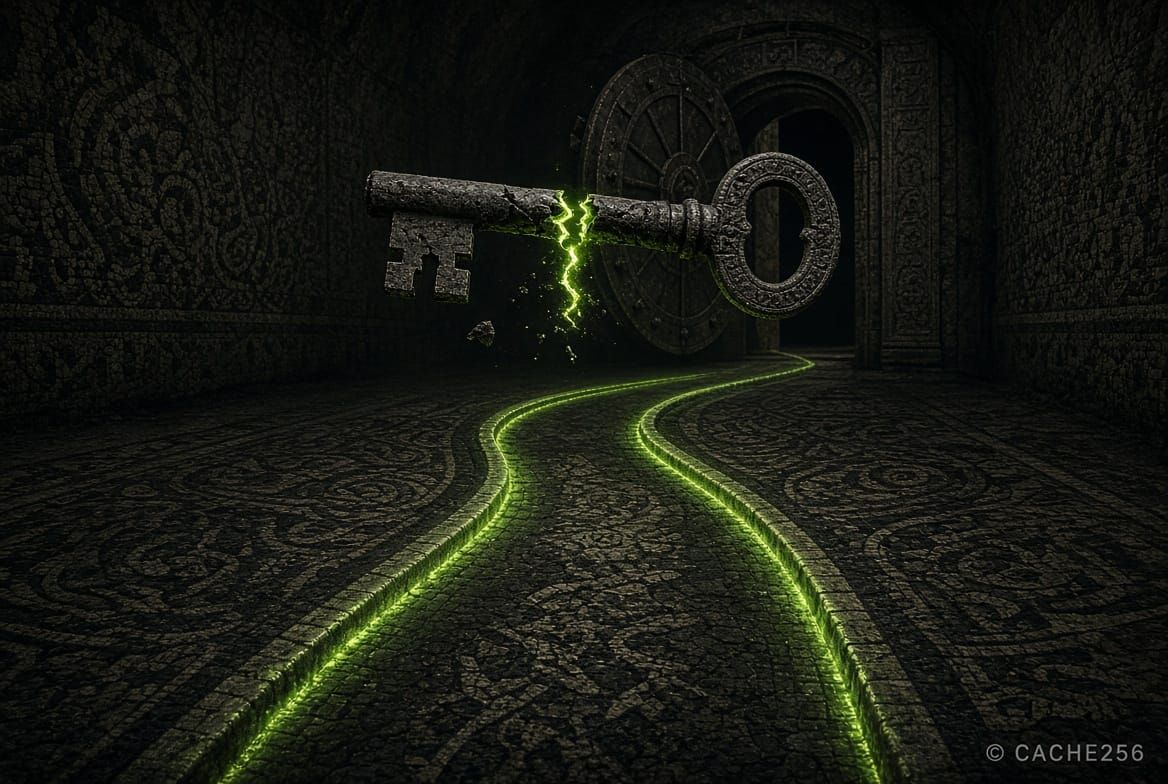 Dark mosaic illustration of a cracked stone vault key over a set of glowing acid-green rails, Cache256 Weekly Trends W32.