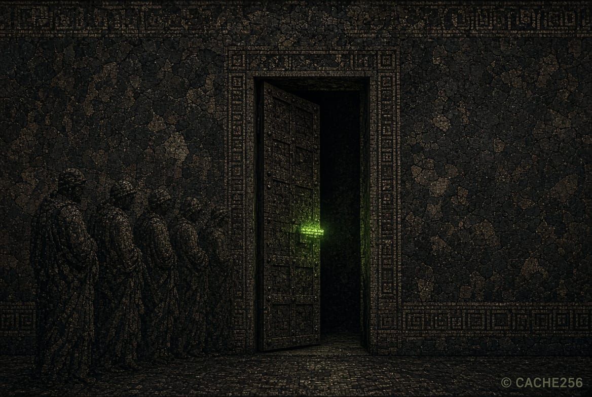 Dark mosaic illustration of a single open gate in a high stone wall, one figure waved through while others wait outside, glowing acid-green latch, Cache256 Weekly Trends W33.