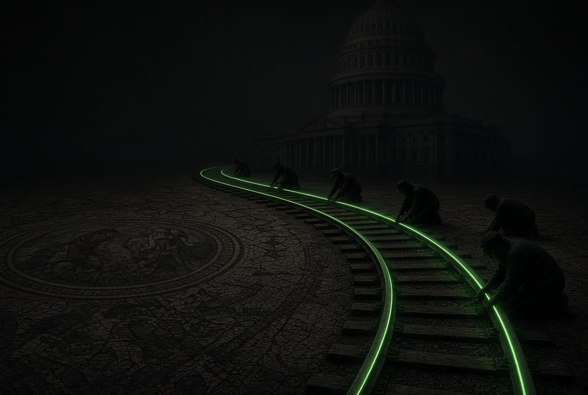 Dark mosaic of an unlit Capitol dome bypassed by glowing acid-green rails laid around it. Cache256 Monthly, September 2026.