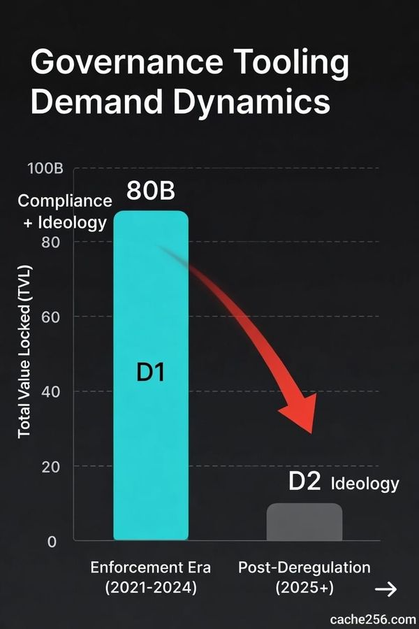 Bar chart: Governance Tooling Demand Dynamics — D1 enforcement era $80B vs D2 post-deregulation ideological residual