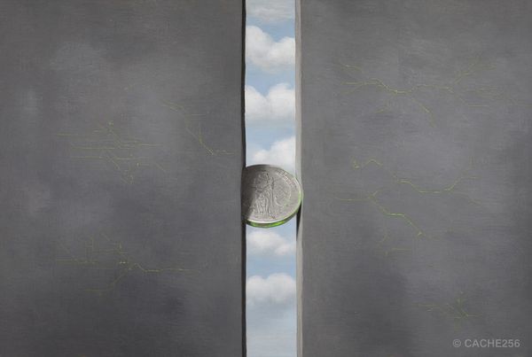 Dark mosaic illustration of a minted dollar coin passing through a narrow gate in a high wall, faint acid-green circuitry etched along the wall, Cache256 GENIUS Act.