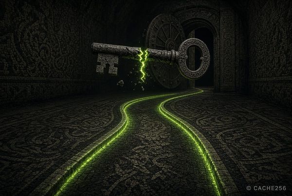Dark mosaic illustration of a cracked stone vault key over a set of glowing acid-green rails, Cache256 Weekly Trends W32.