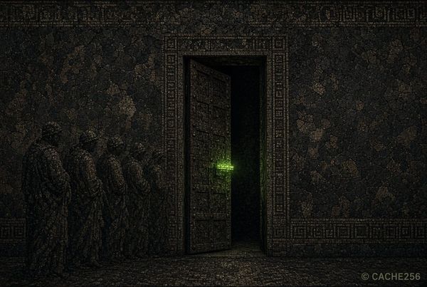 Dark mosaic illustration of a single open gate in a high stone wall, one figure waved through while others wait outside, glowing acid-green latch, Cache256 Weekly Trends W33.
