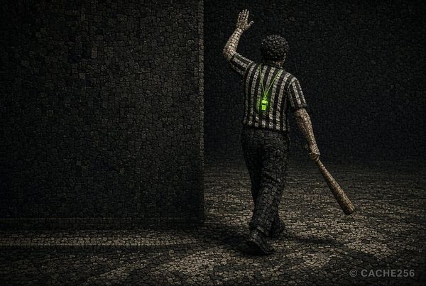 Dark mosaic illustration of a striped referee stepping off the sideline onto the field holding a baseball bat, a glowing acid-green whistle around the neck, Cache256 Weekly Trends W34.