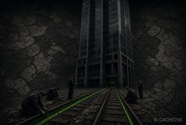 Glass bank tower standing on railroad tracks its owners are laying, acid-green stock ticker along the rail. Cache256 W35.