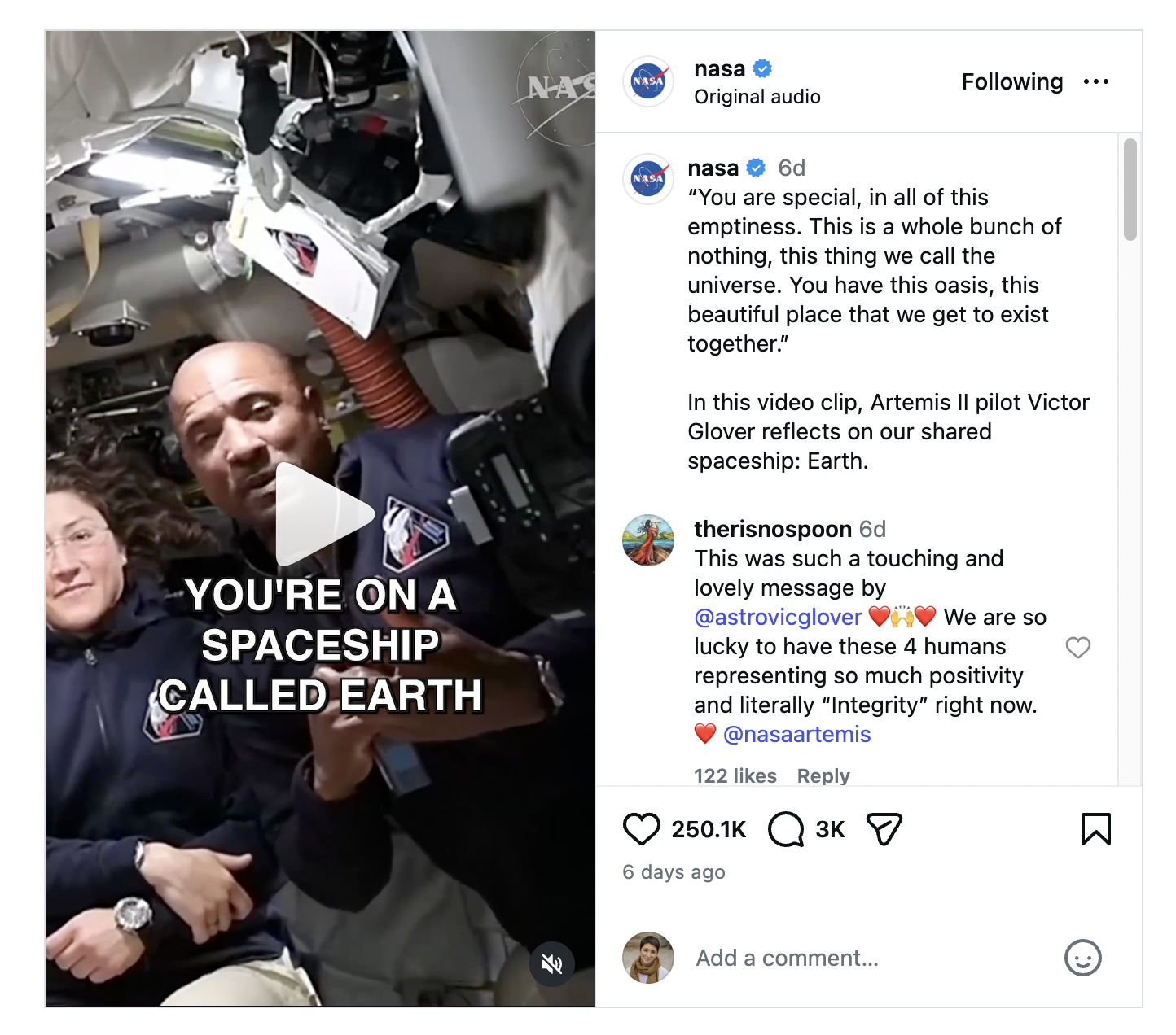 Image of Vic Glover in Orion from NASA Instagram feed.