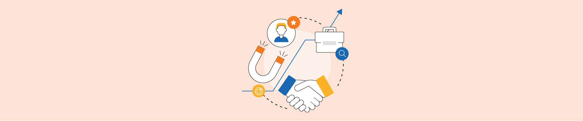 Illustration showing a handshake, a magnet attracting a candidate, a briefcase with a search icon, and a growth arrow.