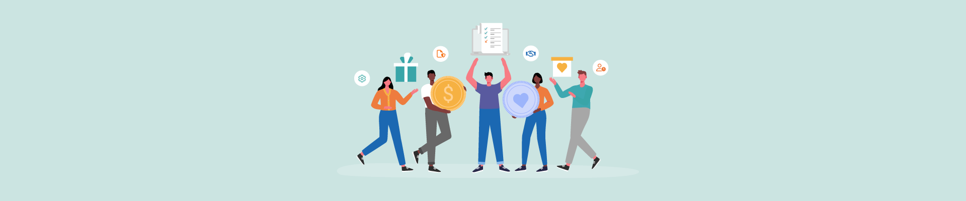 Illustration of diverse people celebrating with financial and organizational icons, symbolizing teamwork, funding, and support.