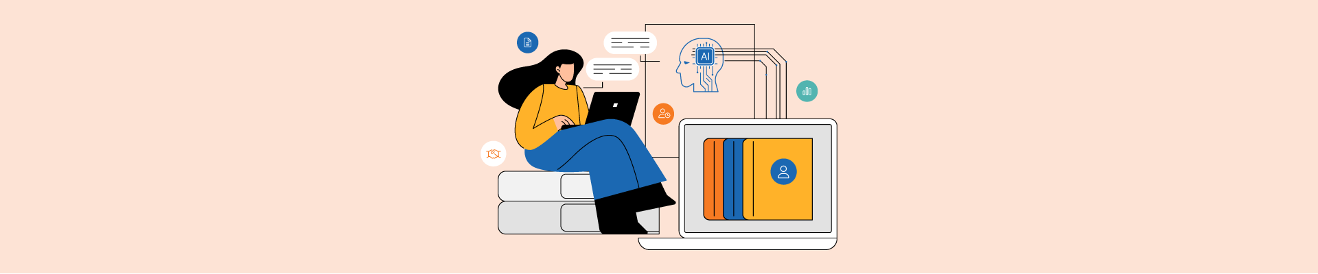 Illustration of a woman using a laptop with AI, data, and HR icons, symbolizing the use of AI technology in HR tasks.