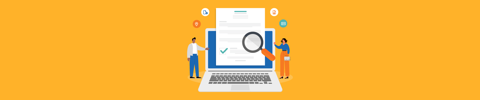 Laptop screen displaying a document with a magnifying glass, surrounded by people and document-related icons.      4o