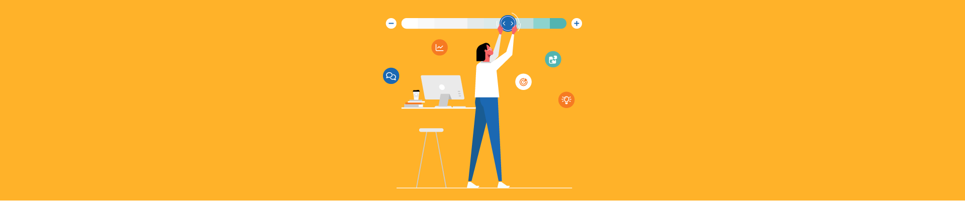 Illustration of person adjusting progress bar with icons for analytics, goals, and communication on orange background.