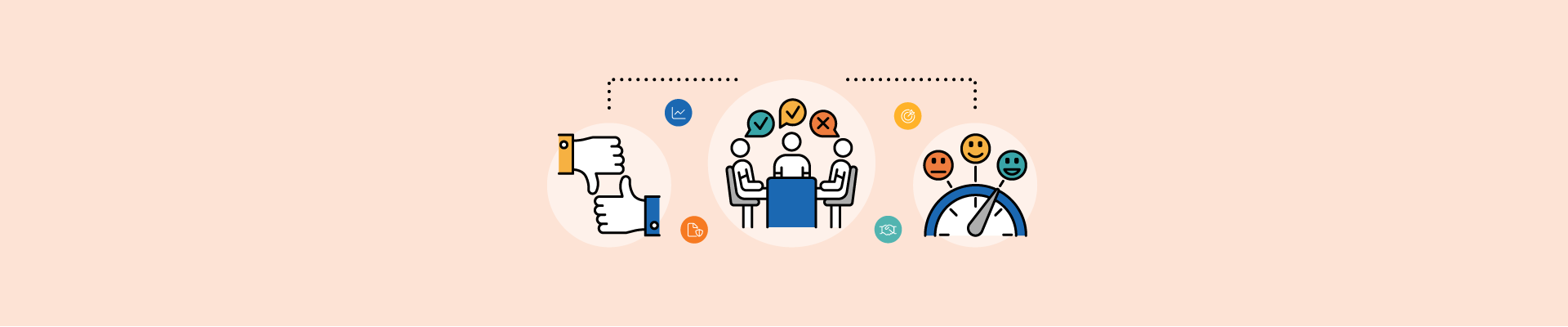 Illustration showing feedback exchange, group discussion with checkmarks, and satisfaction gauge with emojis.