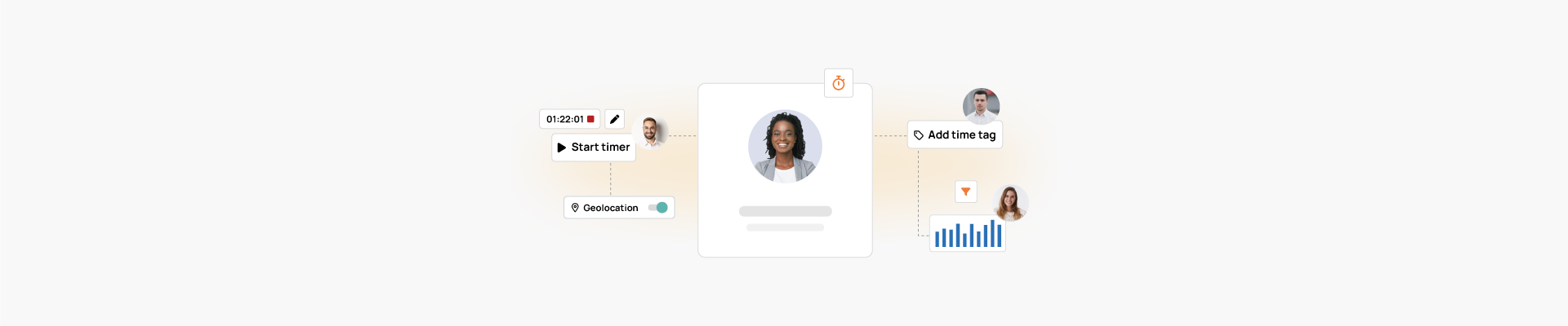 Illustration of TalentHR time tracking with features like timers, geolocation, time tags, and team activity insights.