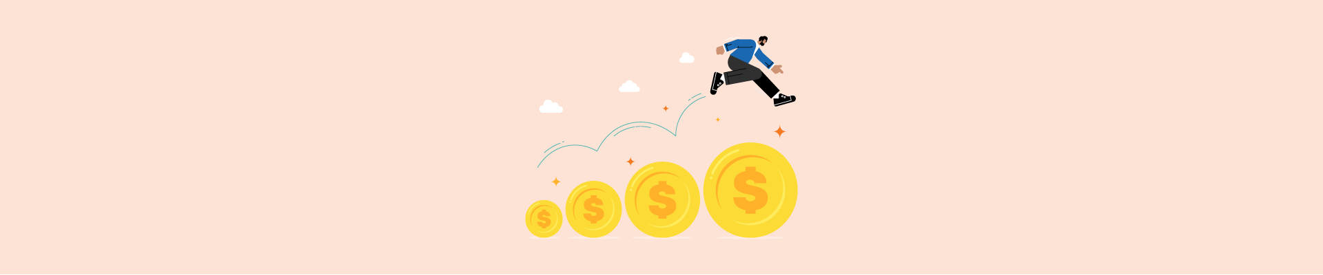 A man leaps across five progressively larger gold coins, symbolizing financial growth and achievement.