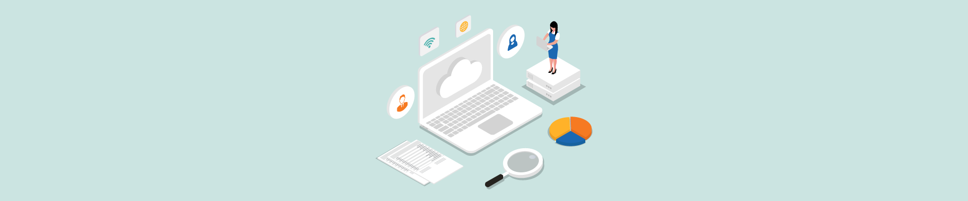 Isometric illustration of cloud HR software with a laptop, charts, documents, icons, and a woman on a server.