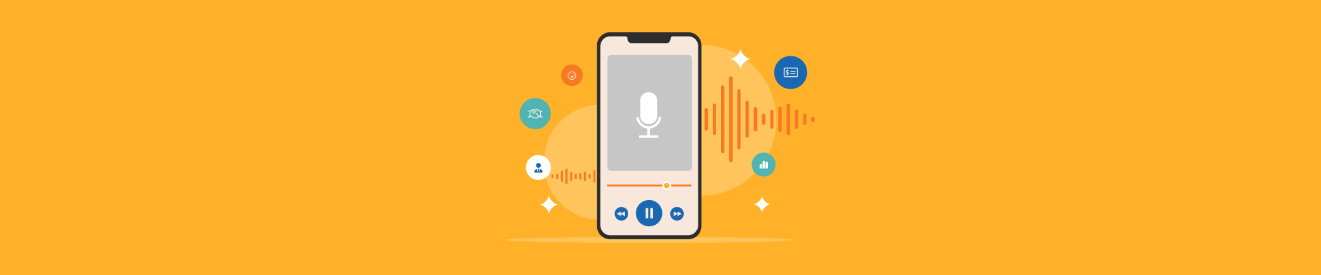 Smartphone screen showing HR podcast interface with microphone icon and playback buttons