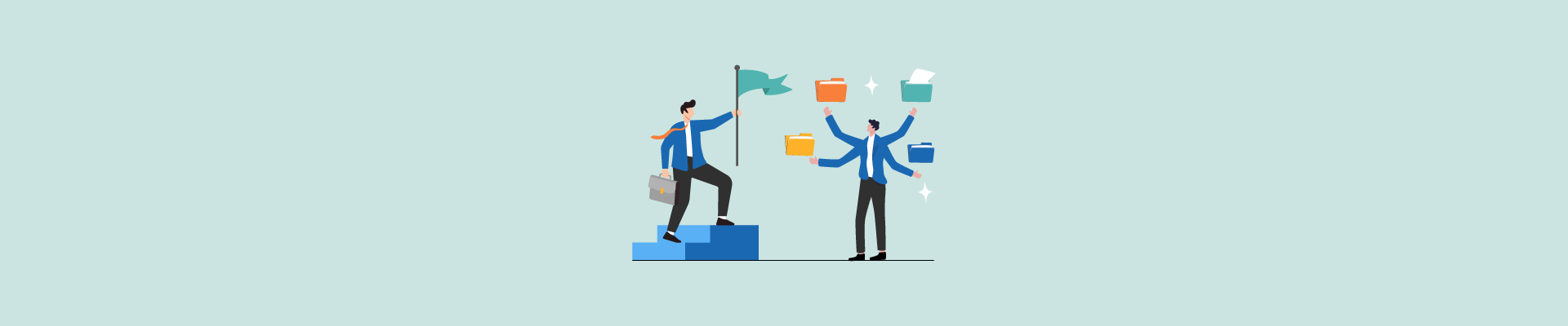 Two illustrated men in business attire, one holding a flag on a podium, the other juggling colorful folders.