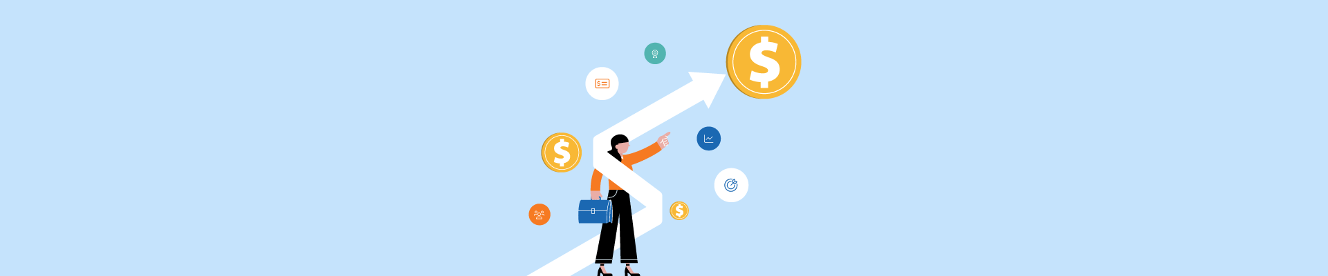 Businesswoman pointing upward on a rising arrow with dollar icons and HR symbols around