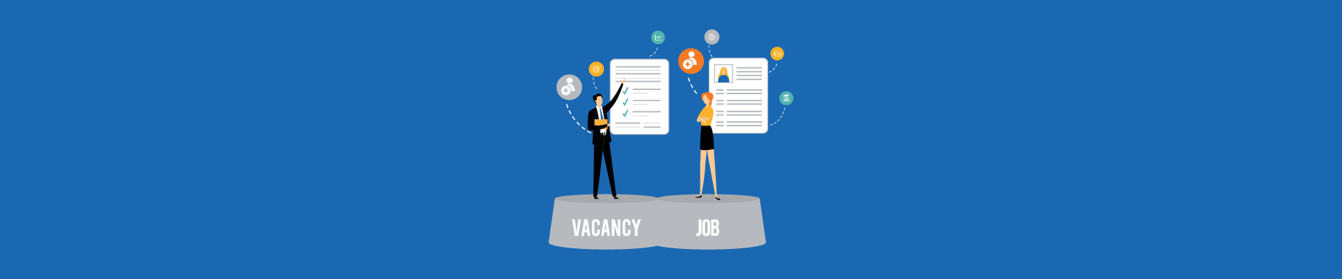 Two people standing on labeled platforms "Vacancy" and "Job" with resumes and icons above them. Ask ChatGPT