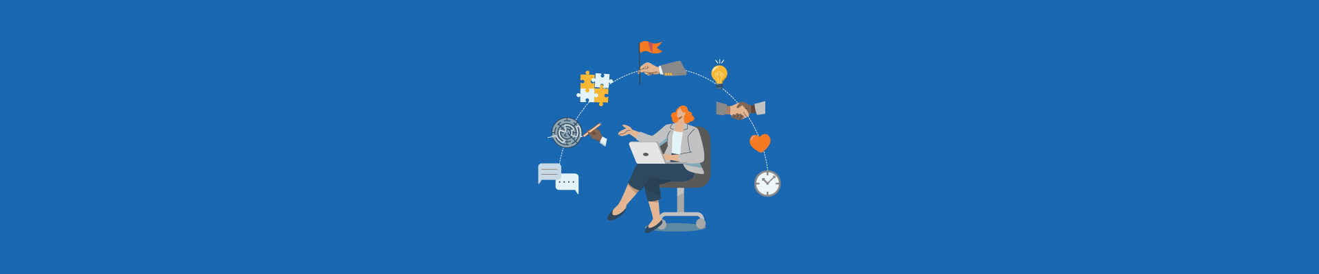 Person at laptop surrounded by icons for teamwork, ideas, communication, and time management.
