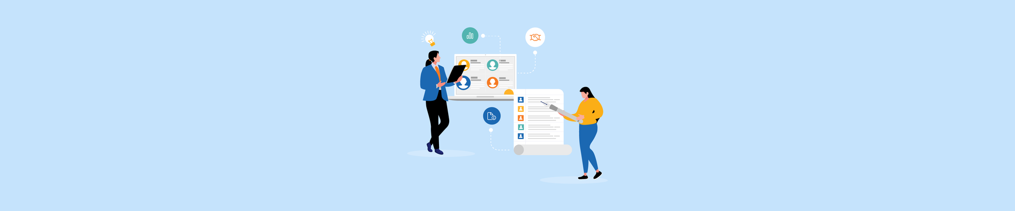 Two people reviewing digital HR charts and spreadsheets with icons for data, people, and collaboration.