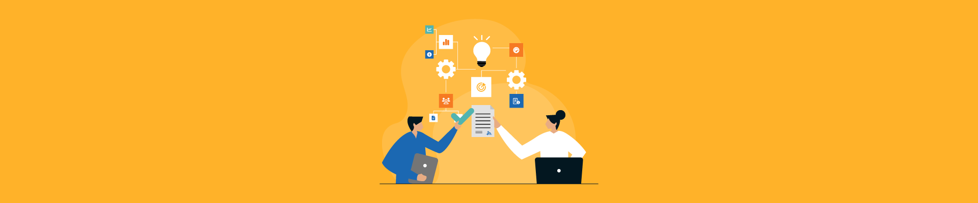 Two people with laptops high-fiving under icons of workflow, gears, and a lightbulb.