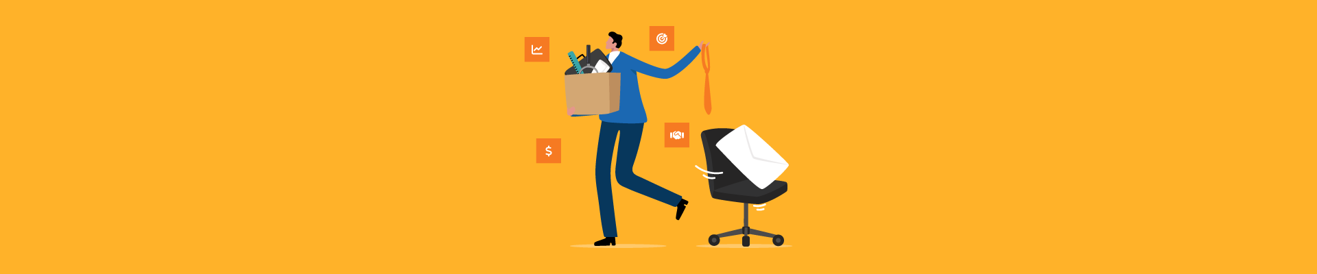 Employee leaving office, carrying a box of belongings past an empty chair; tie off, business icons behind.