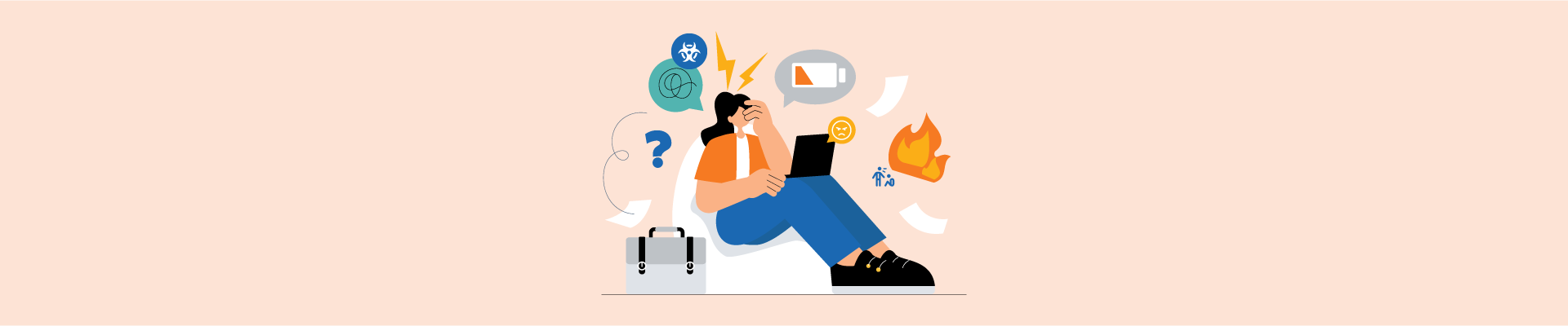 Person sitting with a laptop looking stressed, surrounded by symbols of confusion and burnout.