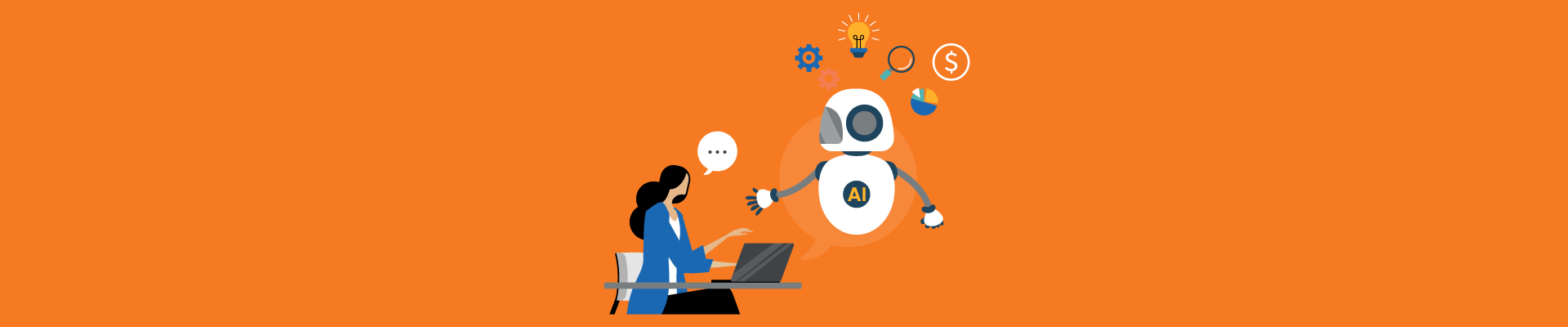 A woman at a laptop interacts with a friendly AI robot surrounded by icons for ideas, money, and analytics.