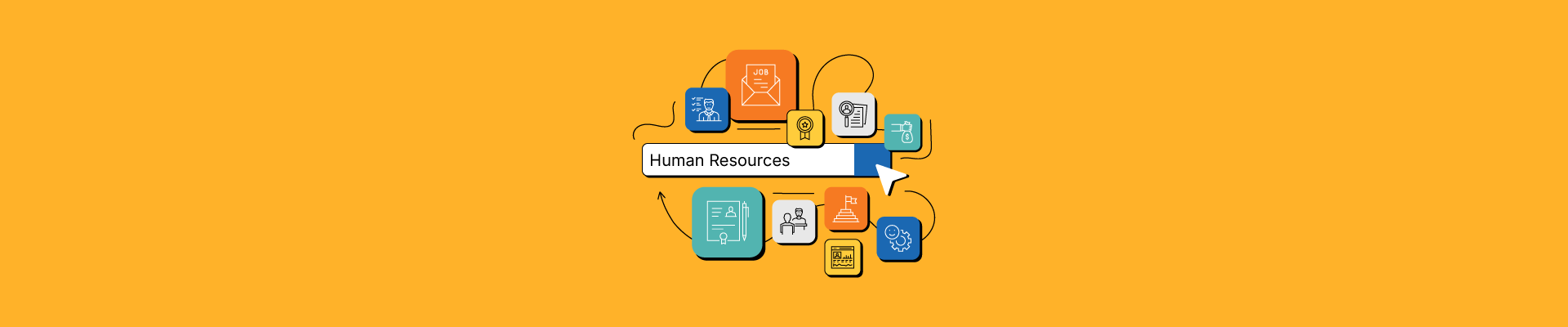 Human Resources workflow illustration with icons representing key HR functions.