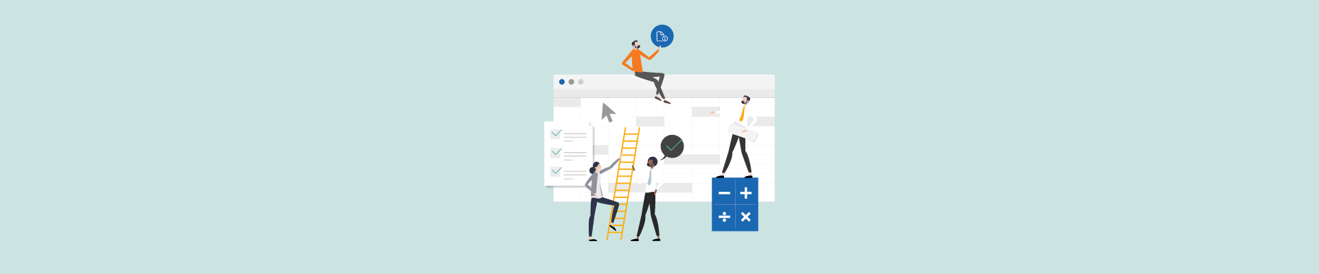 Illustrated team working around a giant spreadsheet with ladders, checklists, and calculator icons.