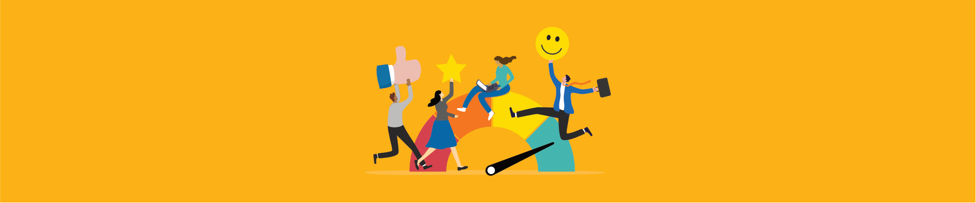 Illustration of employees celebrating on a rising gauge with icons for feedback, ratings, and satisfaction.