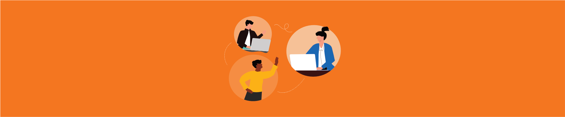 Illustration of three coworkers in circles connected, two on laptops and one waving, on orange background
