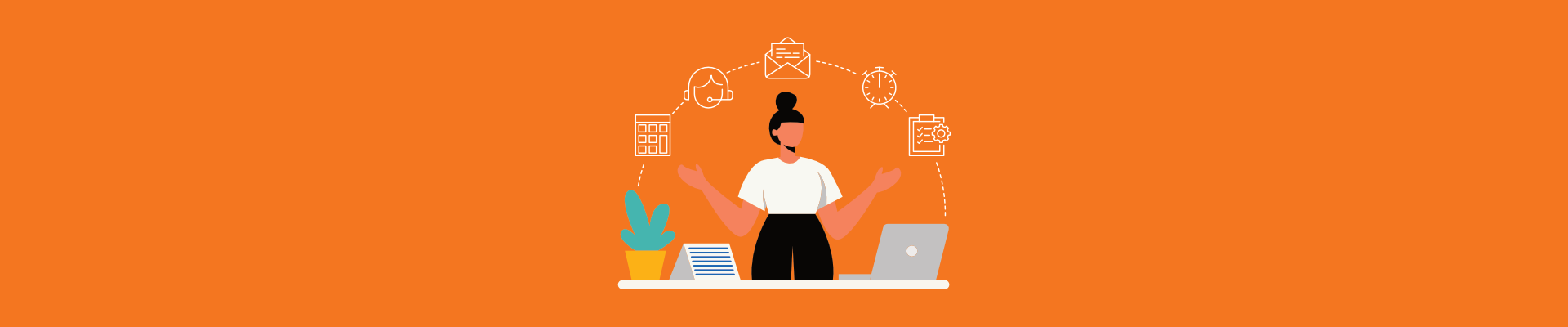Person at desk juggling HR tasks with icons for payroll, email, time tracking, and support in a workflow loop