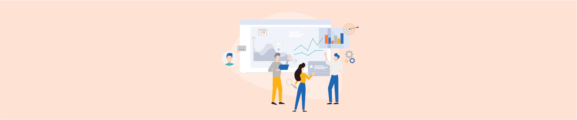 Illustration of team analyzing HR dashboard with charts, graphs, and target metrics on large screen