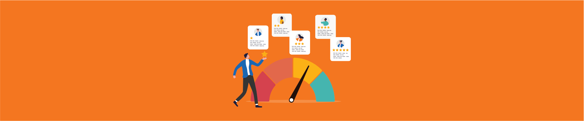 Illustration of an employee performance gauge with rating cards and a person holding a star on an orange background.