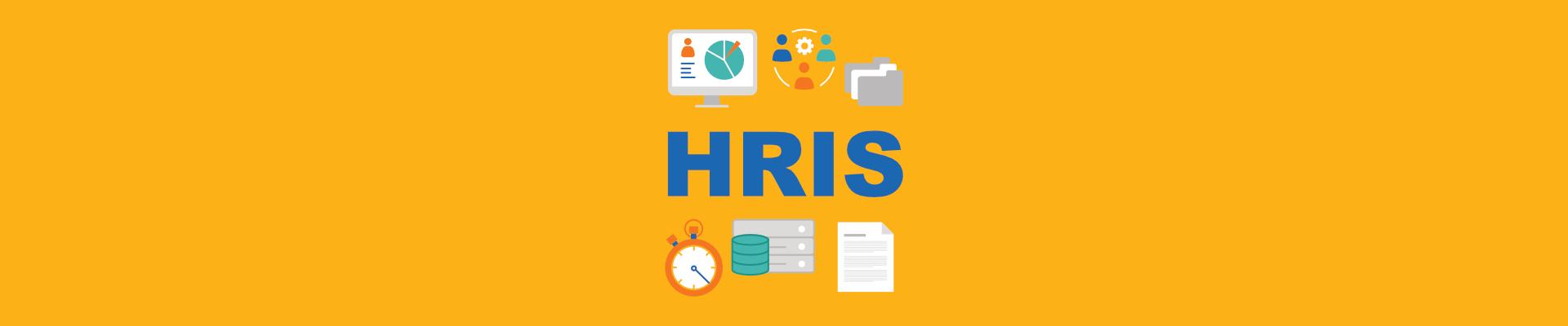 HRIS graphic with employee data, team, folder, timer, database, and document icons on orange background.