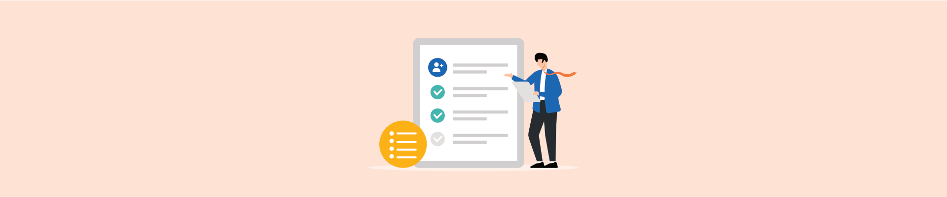 Employee onboarding checklist on tablet with person holding paperwork and list icon.