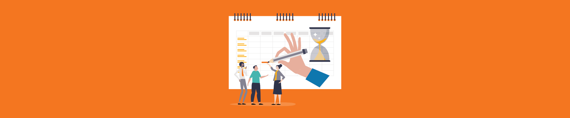 Team planning PTO on a calendar spreadsheet with an hourglass, highlighting time tracking.