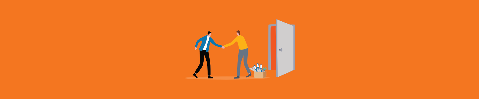 Two employees shaking hands beside an open door, symbolizing employee offboarding.
