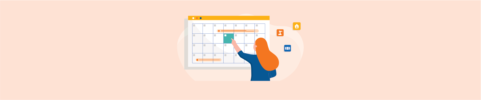 Woman points to a digital vacation calendar with scheduled leave dates and employee management icons.