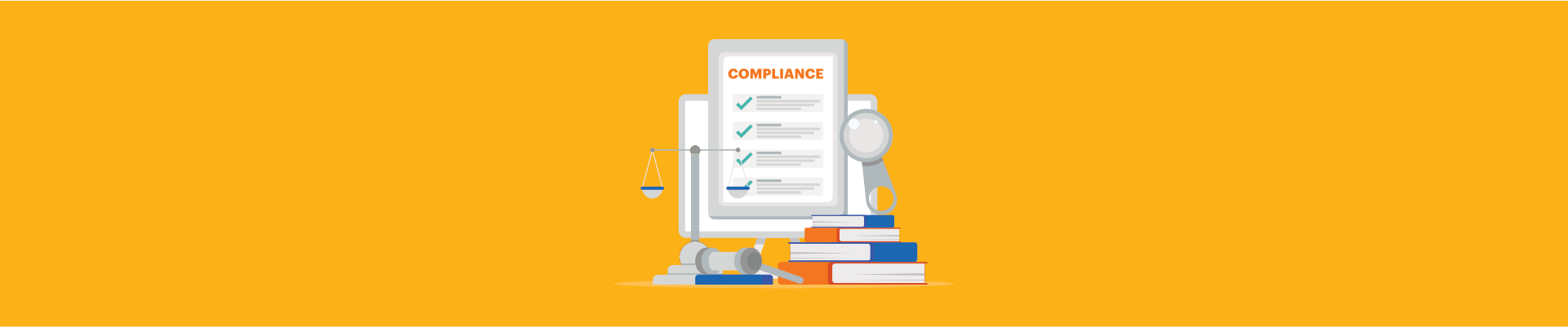 HR compliance checklist with scales, magnifying glass, gavel, and stacked books on an orange background.