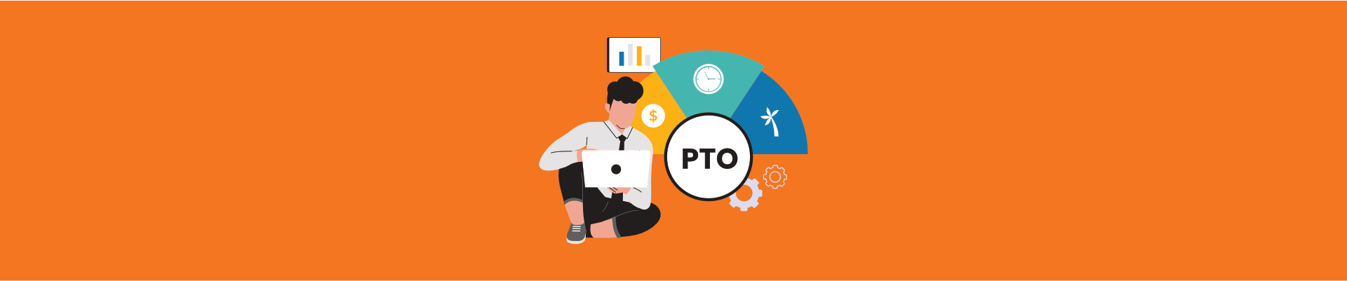 Employee with laptop beside a PTO wheel featuring time, money, vacation, and settings icons.