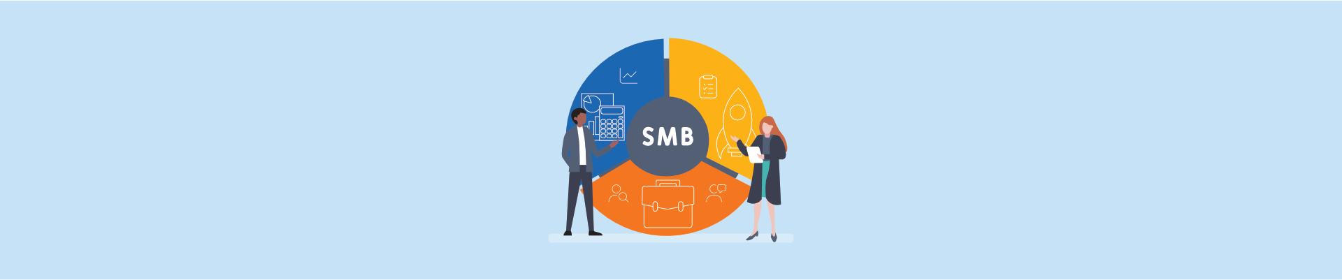 Illustration of two professionals beside a colorful SMB infographic featuring finance, HR, and business management icons.