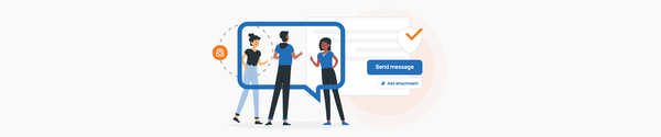 Illustration of three people chatting in a speech bubble, with a message interface, send button, and checkmark icon.