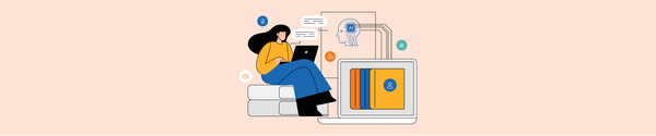 Illustration of a woman using a laptop with AI, data, and HR icons, symbolizing the use of AI technology in HR tasks.