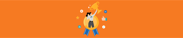 Employee holding trophy with icons representing recognition and rewards on an orange background.