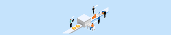 Isometric illustration of businesspeople analyzing data and processing money on a digital conveyor system