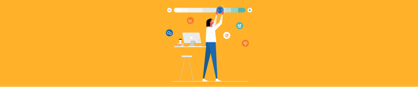 Illustration of person adjusting progress bar with icons for analytics, goals, and communication on orange background.
